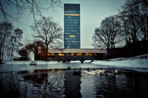 Tower's Cross Sheffield Arts Tower, shot from Western Park Pond. Sheffield, UK. Buy this Print