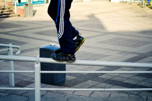 Balance Parkour practice outside Sheffield Hallam University.