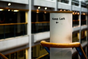 Keep Left Stairwell instructions inside Hallam University Atrium.