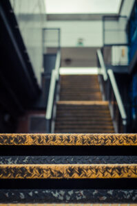 Looking Up Metal Staircase that cuts through an NPC multi-storey Car Park, connecting the Arundel Gate to the lower end…