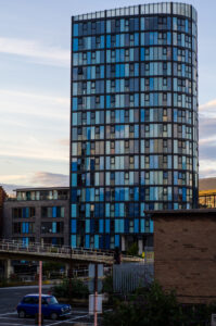 Blue Car, Blue Building Blonk Street Flats, seen from Castle Market, Sheffield.
