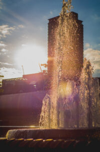 Sheffield Train Station Water Fountain St. Paul's Tower can be seen in the background.
