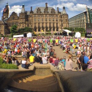 #sheffield Peace Gardens today. People all out enjoying the weather and watching Tour de France.