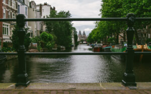 Through the rails.